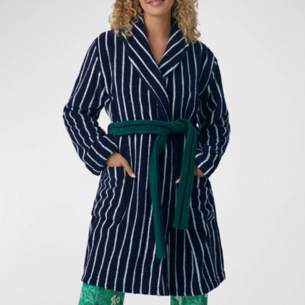Bedhead Short Woven Cotton Loop Turkish Terry Jacquard Robe - Field Stripe